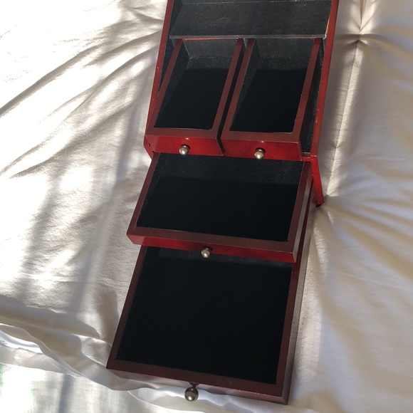 Jewelry box deep red like cherry wood w/black velvet lined interior.Four drawers - Picture 8 of 16